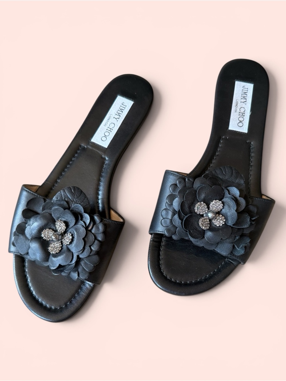 Jimmy Choo Black Leather Neave Floral Appliqué Crystals